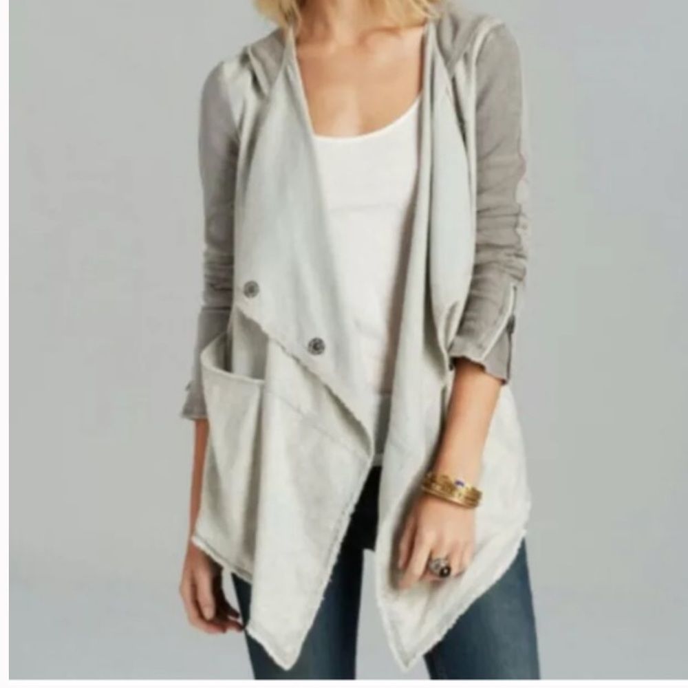 Free People Linen Cotton Drippy Asymmetrical Jacket Grey XS